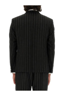 Family first men’s double breasted black pinstripe suit jacket with fine white vertical stripes in a tailored fit