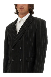 Family First men’s black double breasted suit jacket with thin white pinstripes and dark buttons for formal wear