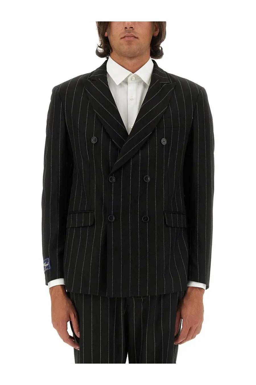 Family First men’s double breasted suit jacket and trousers in black with thin white pinstripes for formal wear