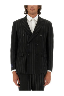 Family First men’s double breasted suit jacket and trousers in black with thin white pinstripes for formal wear