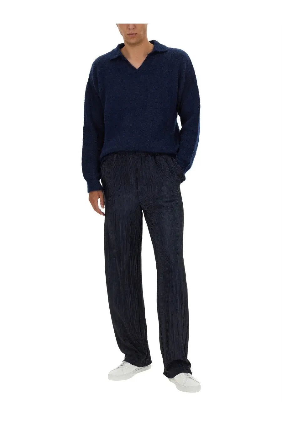 Family first men’s knitted polo blue in navy featuring textured knit long sleeves and a subtle ribbed collar