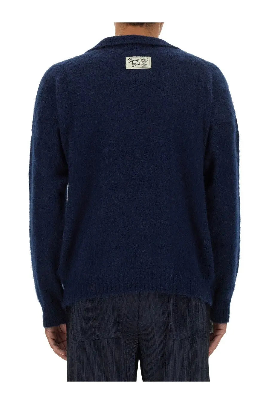 Navy blue family first men’s knitted polo cardigan with textured knit collar and small label at back neckline
