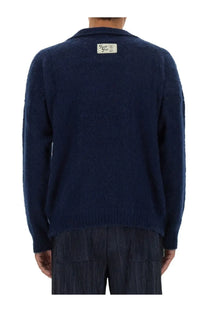Navy blue family first men’s knitted polo cardigan with textured knit collar and small label at back neckline