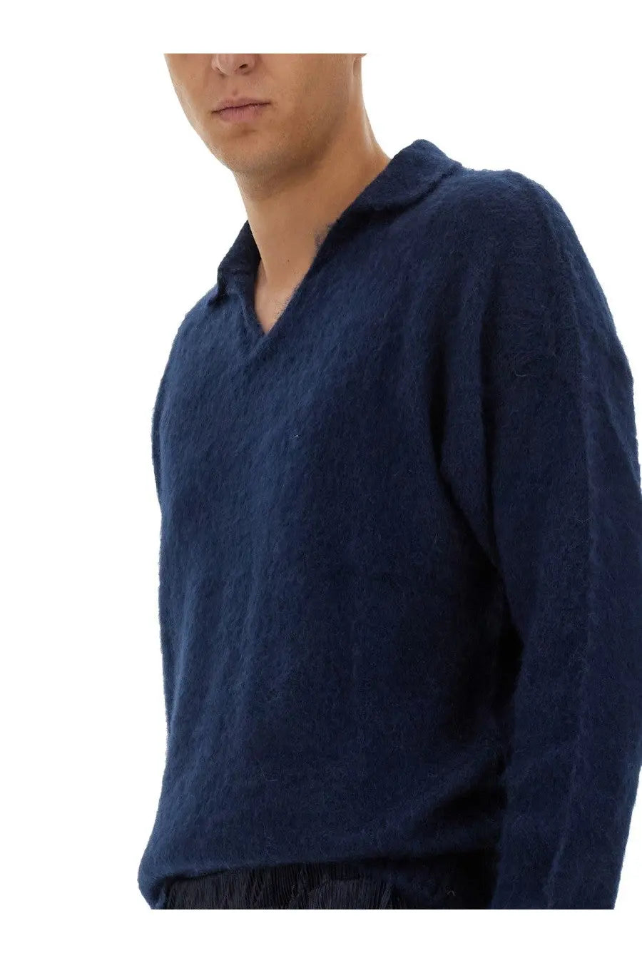 Navy blue textured knit sweater with collar from family first men’s knitted polo blue collection