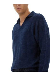 Navy blue textured knit sweater with collar from family first men’s knitted polo blue collection