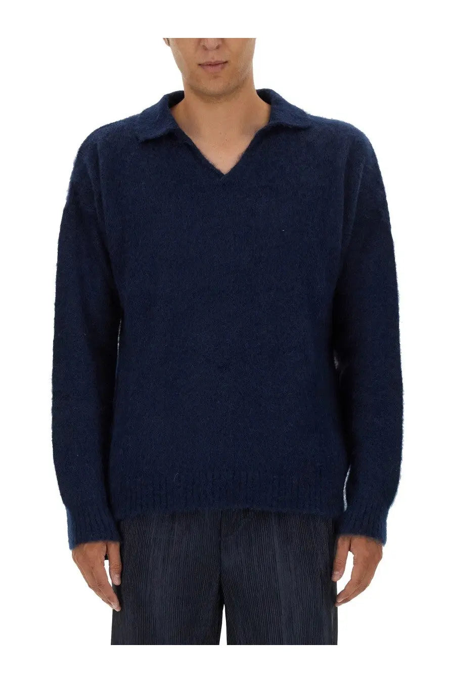 Navy blue textured knit sweater with collar family first men’s knitted polo blue for casual wear