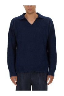 Navy blue textured knit sweater with collar family first men’s knitted polo blue for casual wear