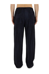 Family first men’s pleated pants blue with black pleated wide-leg trousers elastic waistband relaxed fit