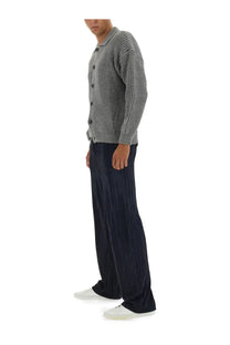 Family first men’s polo cardigan grey featuring a gray knitted textured weave with dark buttons