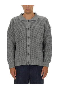 Family first men’s polo cardigan grey gray waffle knit with collar and dark buttons for casual wear