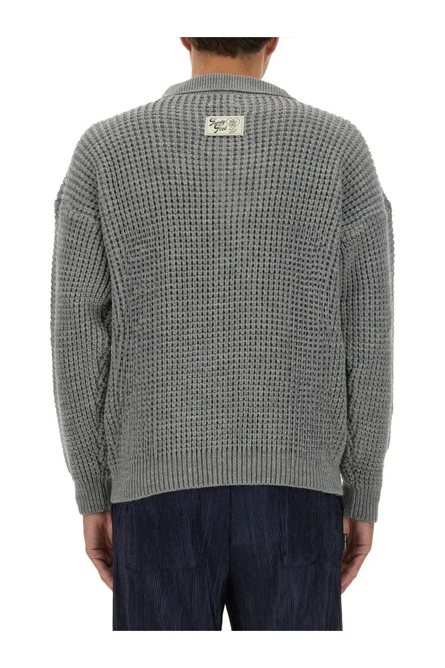 Family First men’s polo cardigan in grey waffle knit with ribbed cuffs and hem and a small neckline label