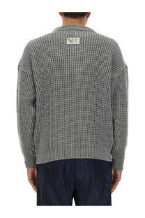 Family First men’s polo cardigan in grey waffle knit with ribbed cuffs and hem and a small neckline label
