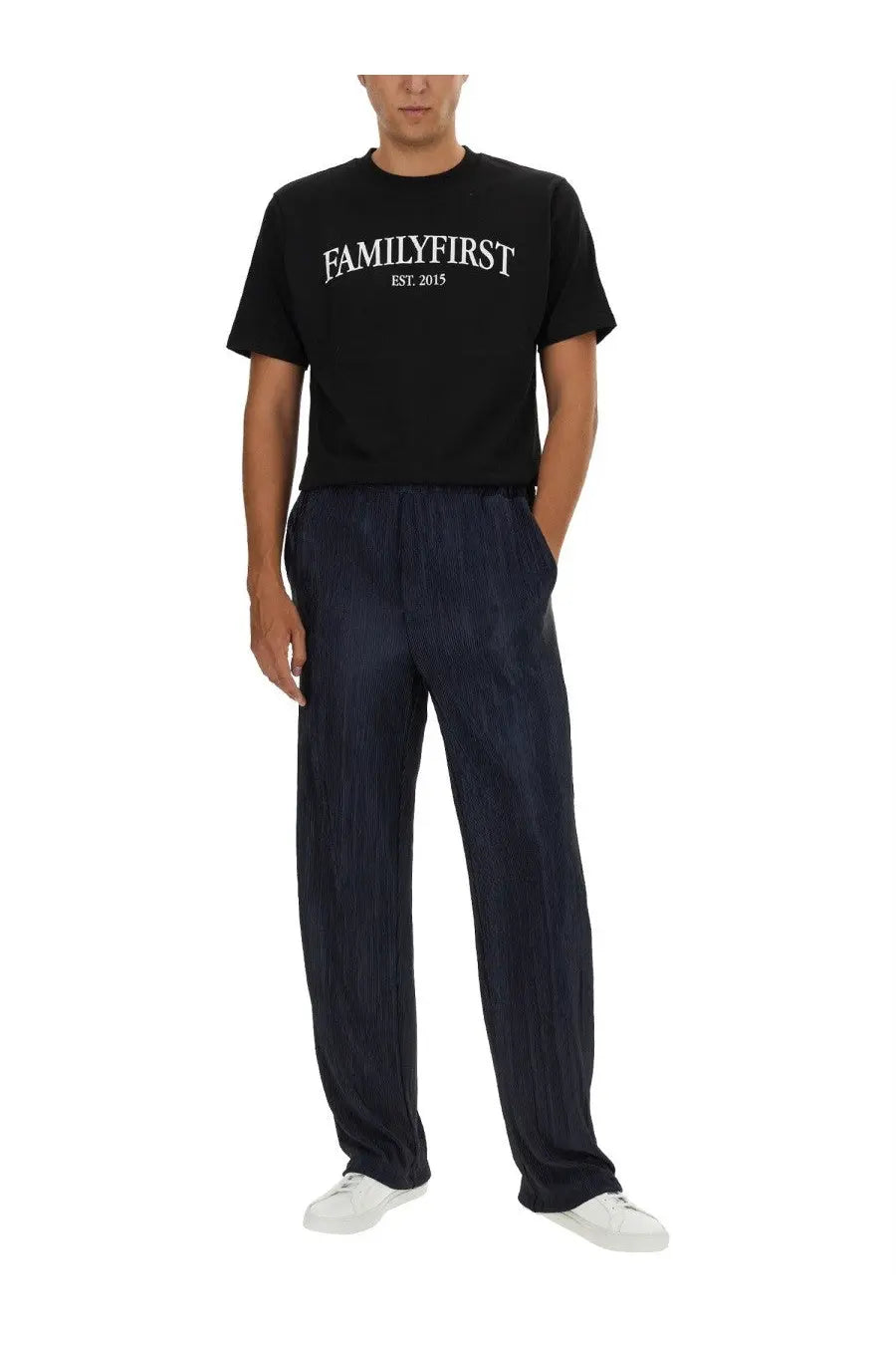 Black cotton family first mens t-shirt featuring familyfirst est design on the front