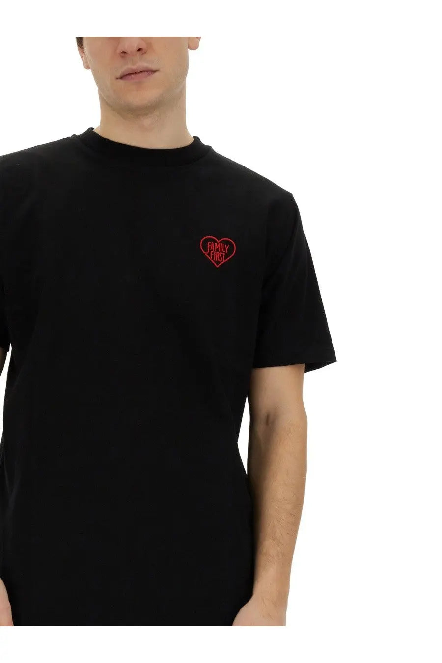 Family first men’s black cotton t-shirt with a small red embroidered heart logo on the left chest