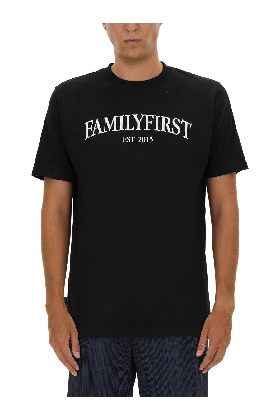 Black cotton family first men’s t-shirt featuring white familyfirst est print on the front