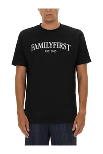 Black cotton family first men’s t-shirt featuring white familyfirst est print on the front