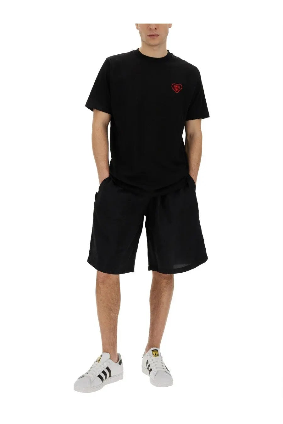 Family first men’s black short-sleeved t-shirt with a small red heart logo on the left chest for casual wear