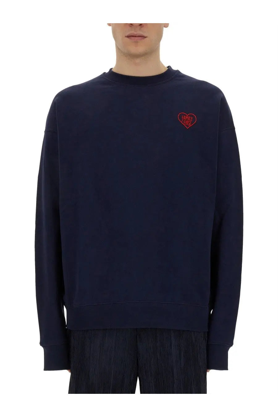 Family First men’s navy blue crewneck sweatshirt with small red embroidered heart logo on the left chest