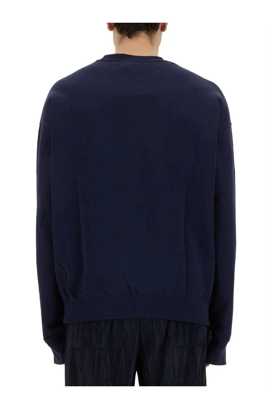 Navy blue crewneck Family First men’s sweatshirt with ribbed cuffs and hem made from soft cotton blend material