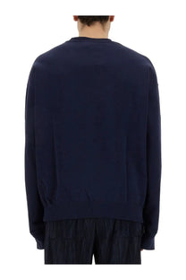 Navy blue crewneck Family First men’s sweatshirt with ribbed cuffs and hem made from soft cotton blend material