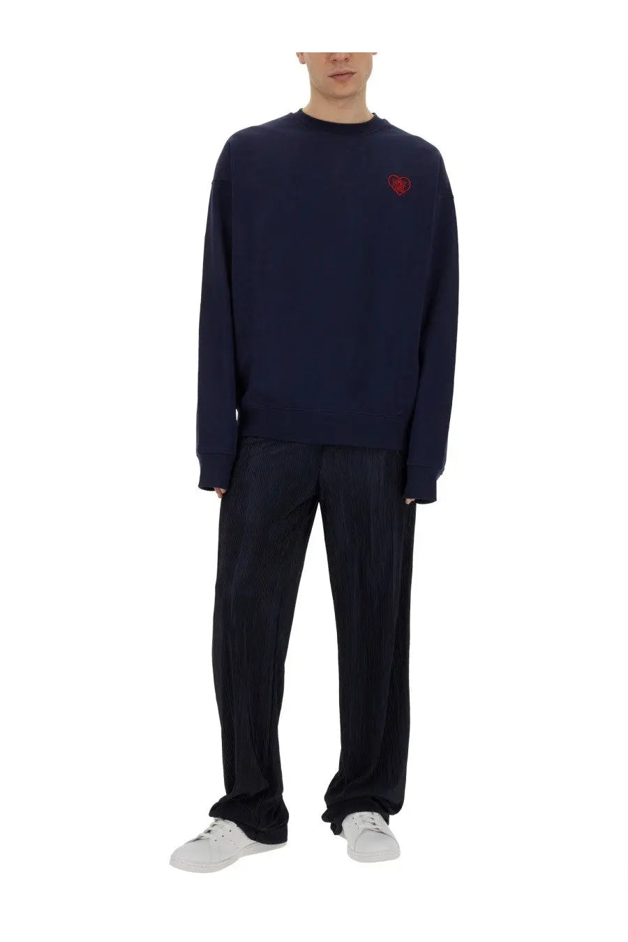 Family First men’s navy blue sweatshirt with long sleeves and small red embroidered heart on left chest