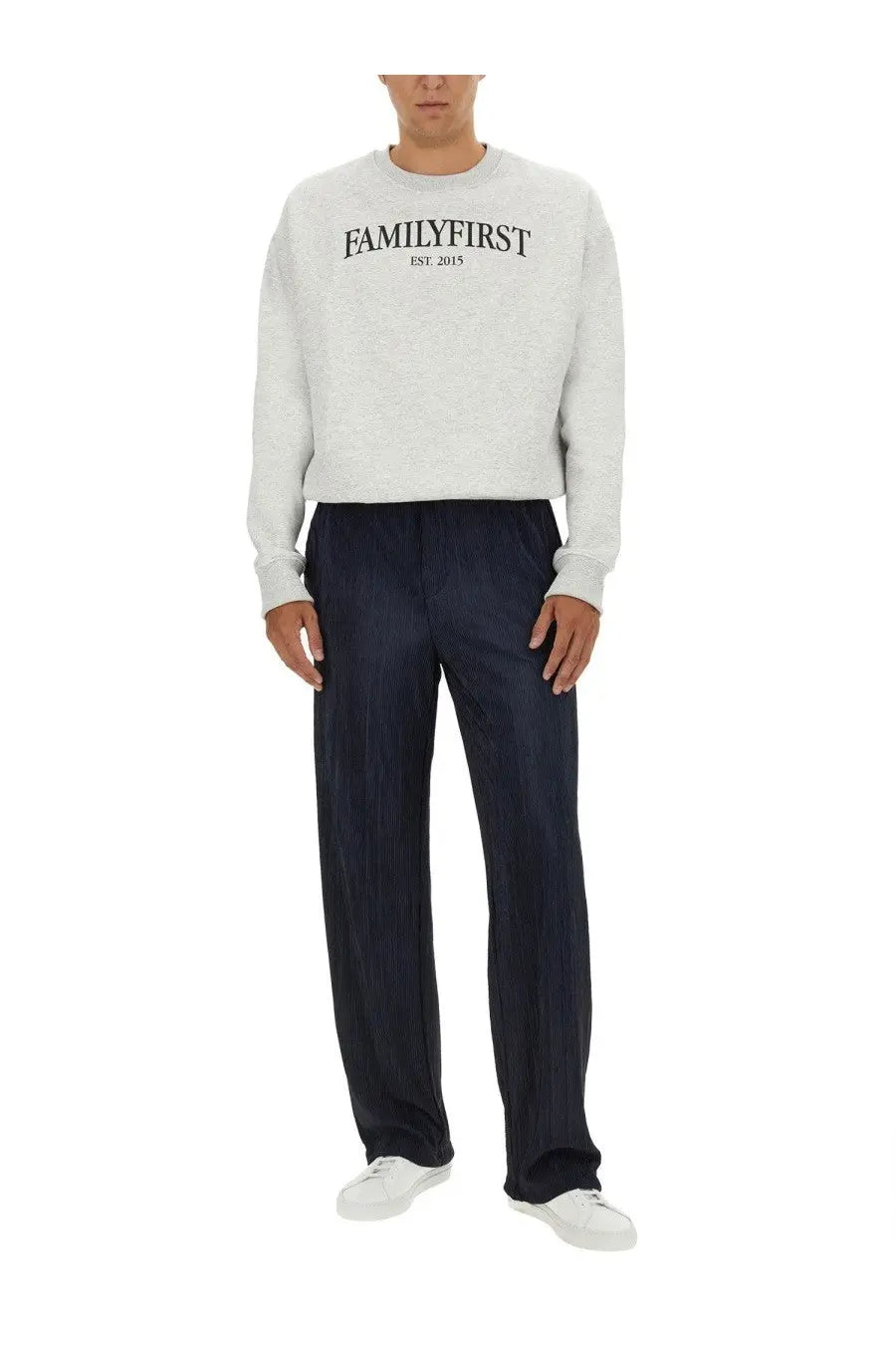 Light gray heathered family first mens sweatshirt with familyfirst est print in soft cotton blend fabric