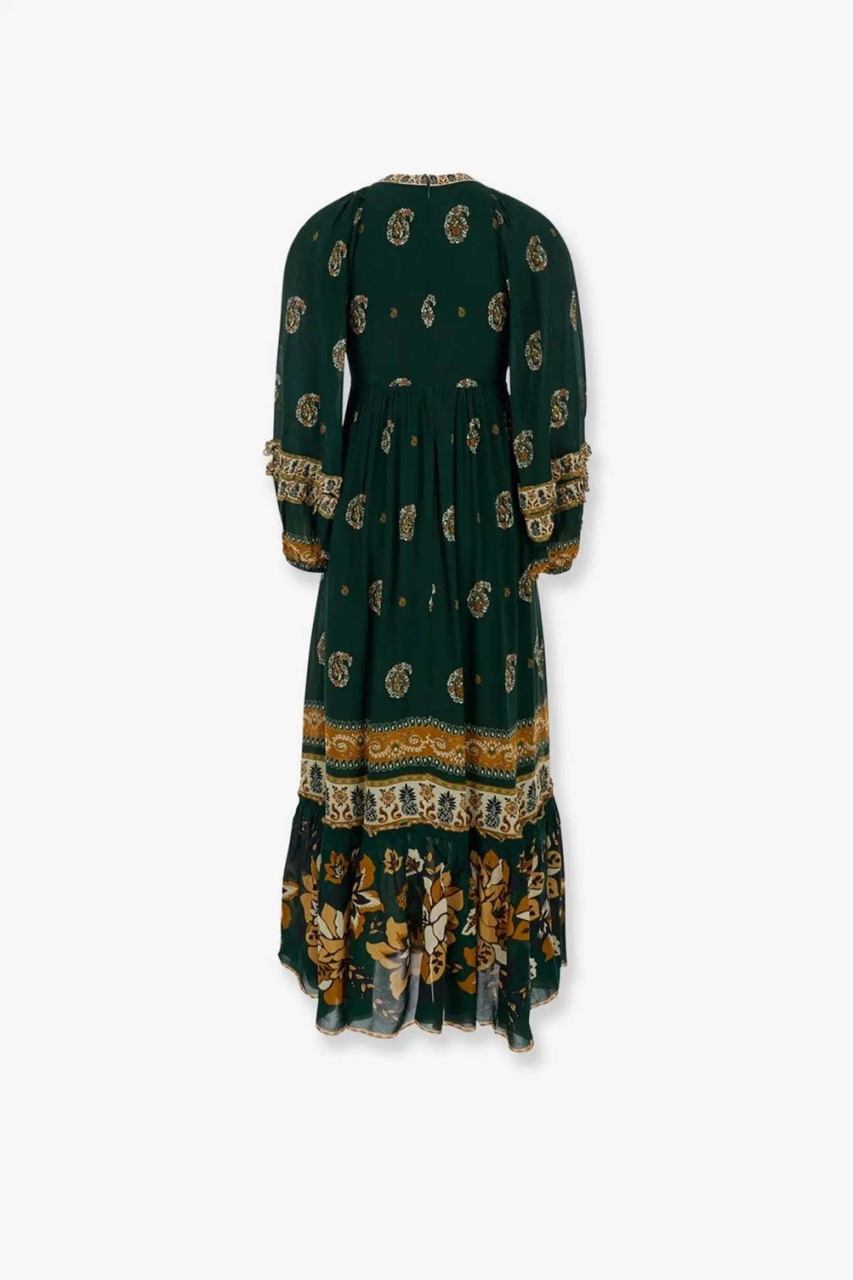 Farm Rio women’s Ayla maxi dress in dark green with long sleeves and gold cream floral paisley pattern midi length