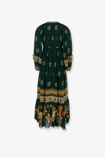 Farm Rio women’s Ayla maxi dress in dark green with long sleeves and gold cream floral paisley pattern midi length