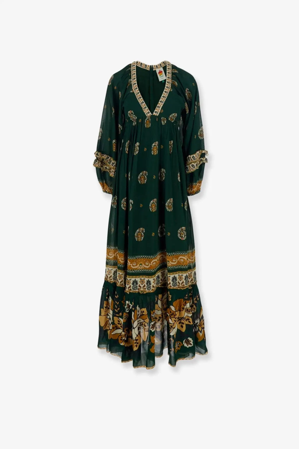 Farm Rio women’s Ayla maxi dress green with deep green fabric, gold cream paisley patterns, tiered hemline, embroidered neckline