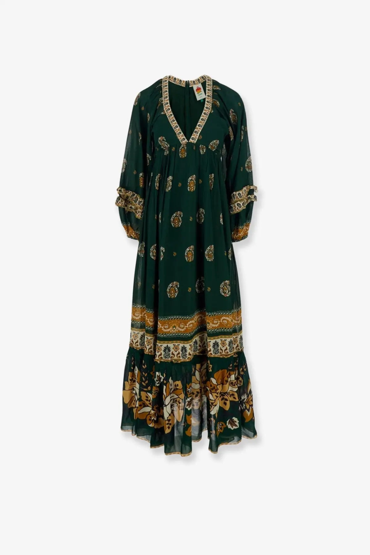 Farm Rio women’s Ayla maxi dress green with deep green fabric, gold cream paisley patterns, tiered hemline, embroidered neckline