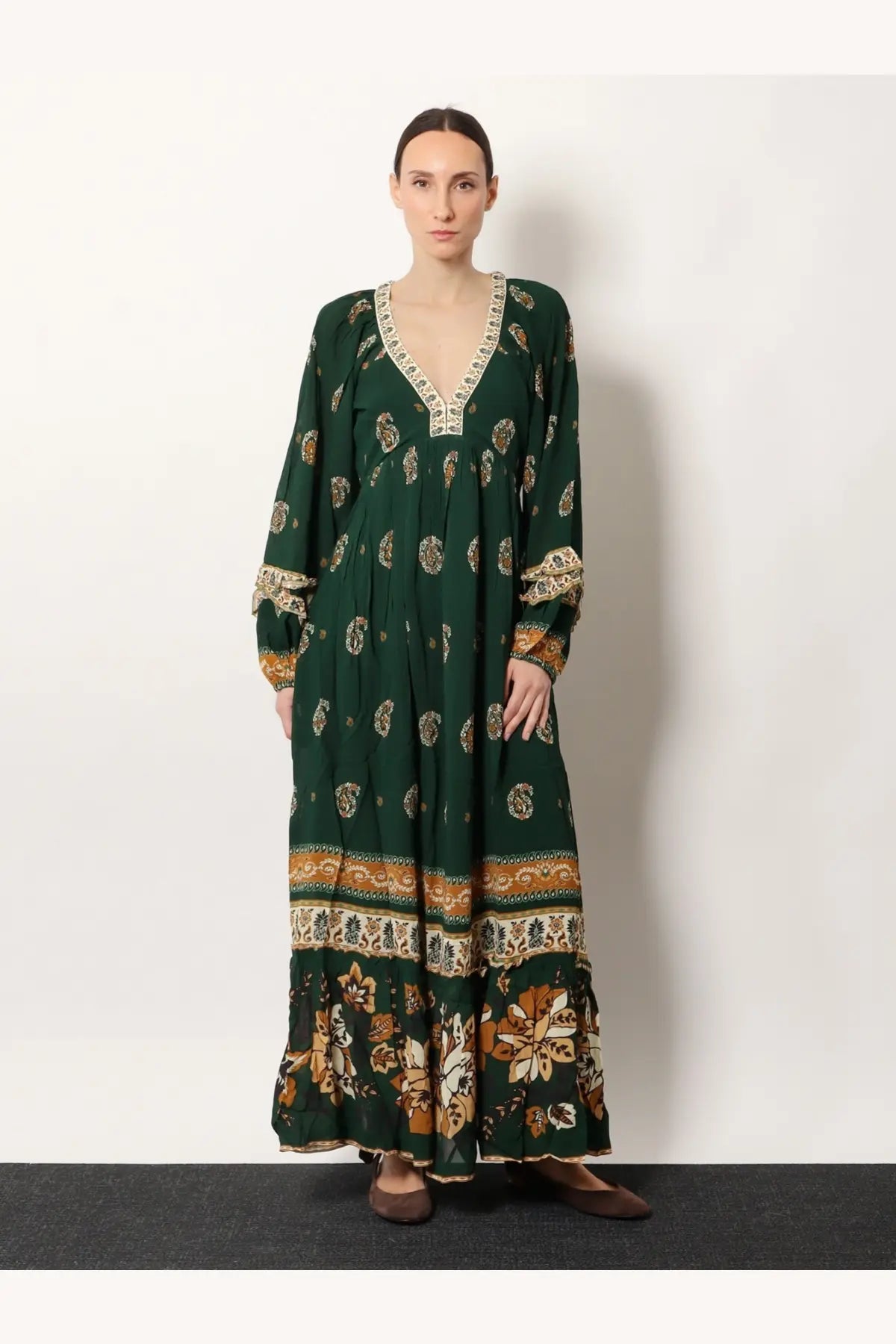 Farm Rio women’s Ayla maxi dress green flowing emerald with gold cream floral patterns and embroidered v-neckline and cuffs