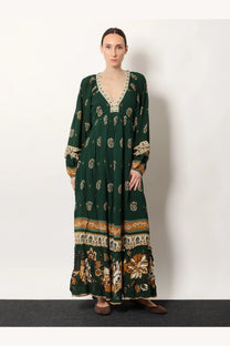 Farm Rio women’s Ayla maxi dress green flowing emerald with gold cream floral patterns and embroidered v-neckline and cuffs