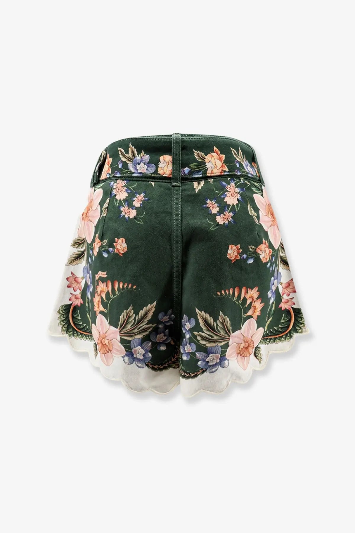 Farm Rio women’s berry garden cotton shorts feature dark green floral print with pink and purple blossoms and scalloped lace hem