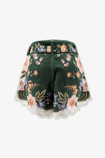 Farm Rio women’s berry garden cotton shorts feature dark green floral print with pink and purple blossoms and scalloped lace hem