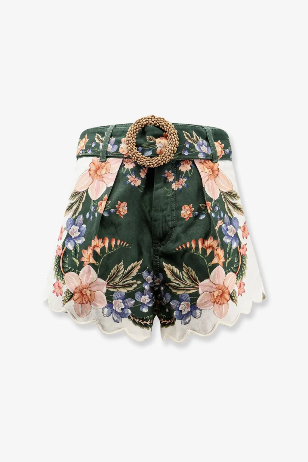 Farm rio women’s berry garden cotton shorts in dark green with woven circular belt buckle and scalloped white hem