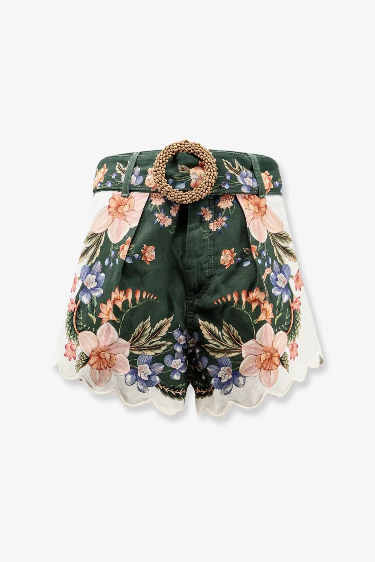 Farm rio women’s berry garden cotton shorts in dark green with woven circular belt buckle and scalloped white hem