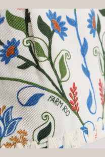 Farm rio women’s fraga multicolor cotton shorts with white fabric and embroidered blue green and orange floral patterns