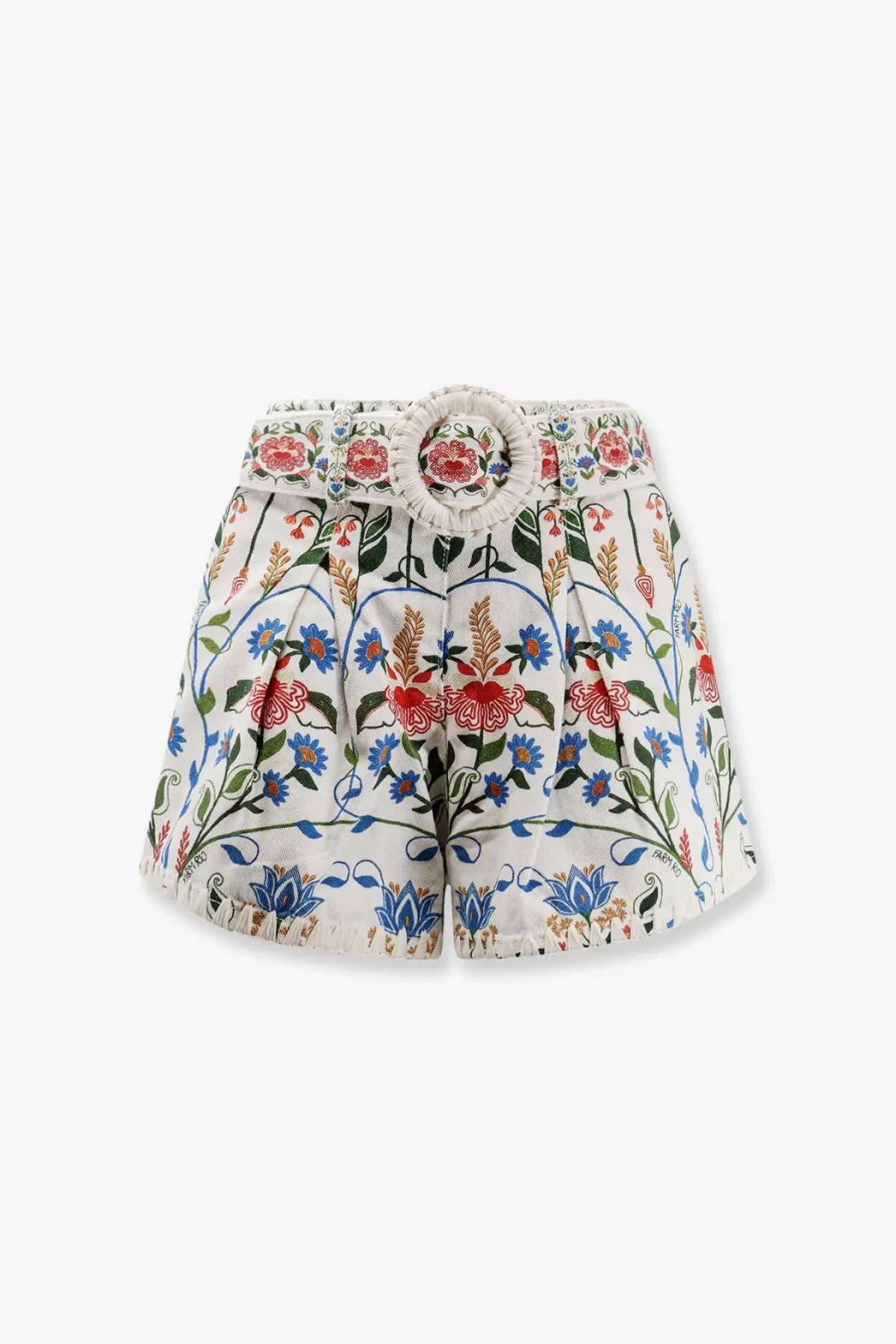 Farm Rio women’s fraga multicolor cotton shorts with vibrant red blue green floral pattern and woven belt buckle on white