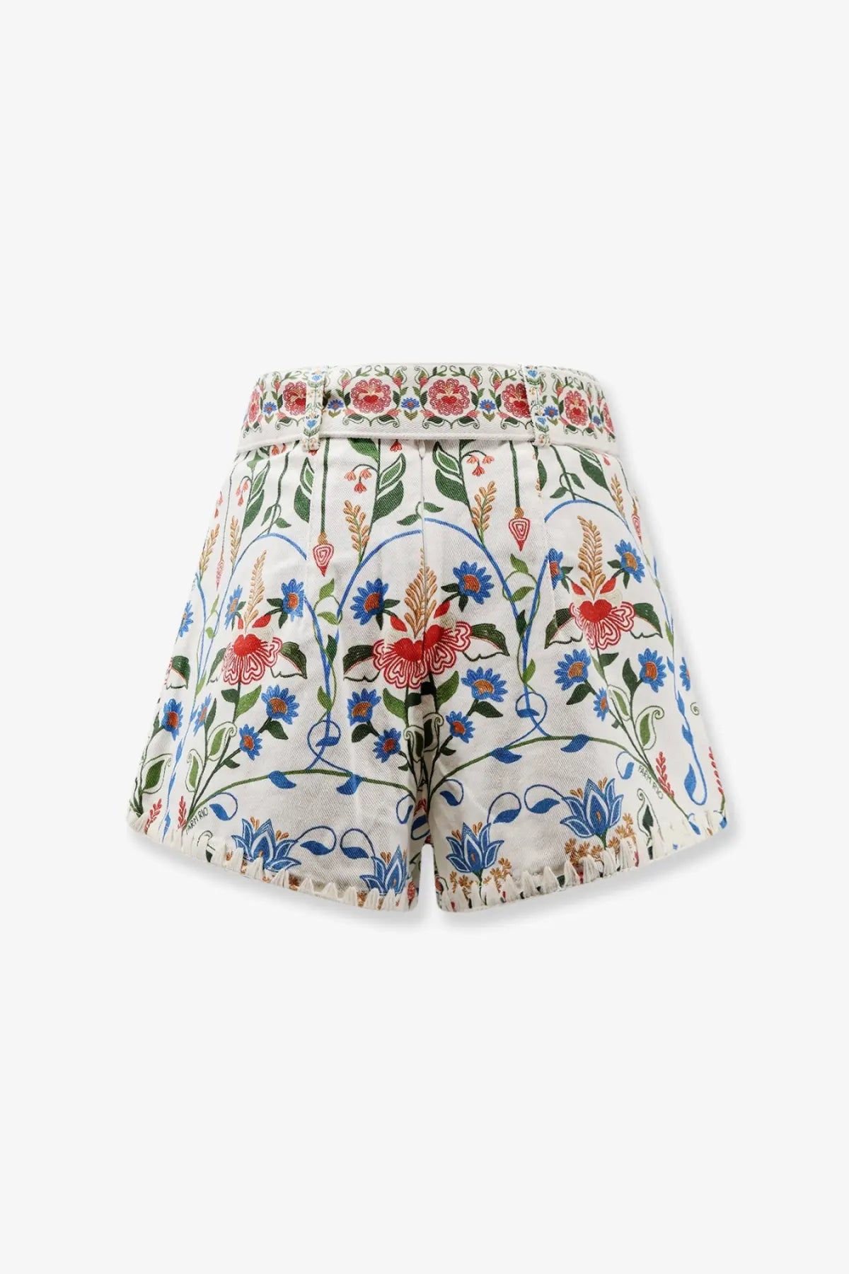 Farm Rio women’s Fraga white cotton shorts with vibrant red blue and green floral embroidered pattern