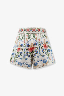 Farm Rio women’s Fraga white cotton shorts with vibrant red blue and green floral embroidered pattern