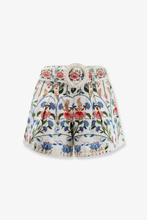 Farm rio women’s fraga multicolor cotton shorts white with vibrant red blue green floral pattern and woven belt buckle