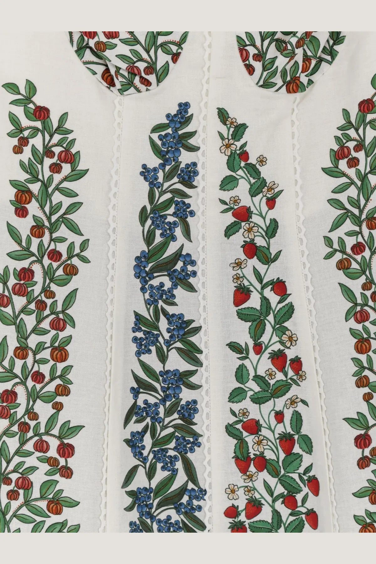 Farm Rio women’s fruit beauty white blouse with embroidered red strawberries blueberries green vines and lace trim