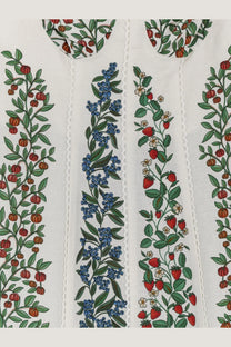 Farm Rio women’s fruit beauty white blouse with embroidered red strawberries blueberries green vines and lace trim