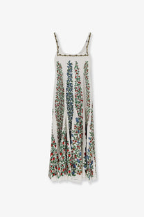 Farm Rio women’s white flowing maxi dress with delicate embroidered straps and vibrant red berry floral pattern