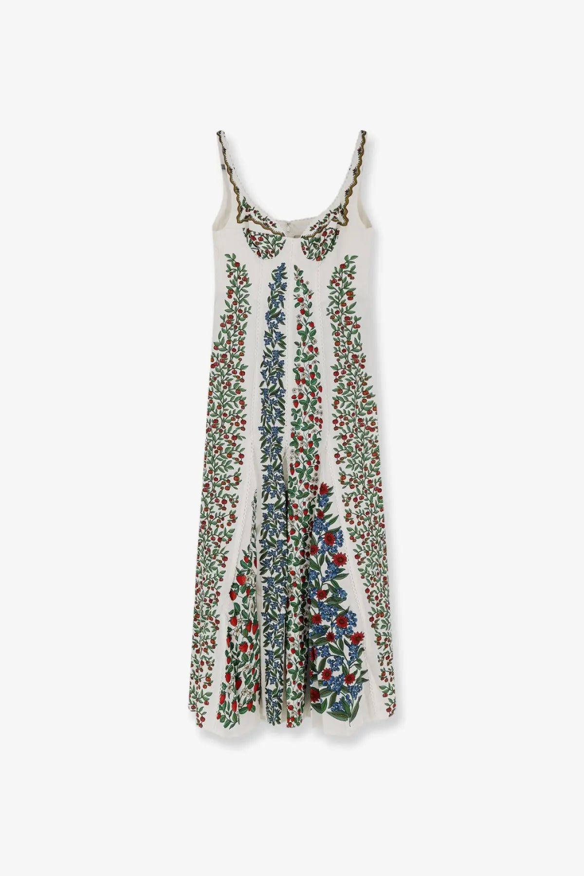 Farm Rio women’s fruit beauty multicolor sleeveless off-white dress with vertical embroidered floral stripes in red blue and green