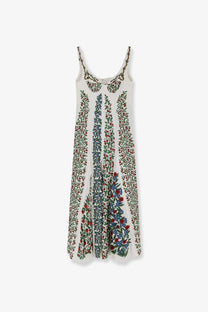 Farm Rio women’s fruit beauty multicolor sleeveless off-white dress with vertical embroidered floral stripes in red blue and green