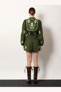 Farm rio women’s olive green long-sleeved romper with heart and chain embroidery in lenzing ecovero fabric