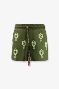 Farm rio women’s green heart tapestry embroidered lenzing ecovero euroflax shorts in olive with elastic waist and tassel drawstring
