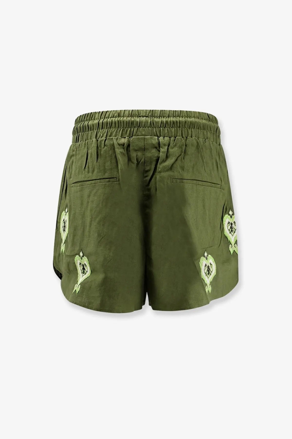 Farm rio women’s green heart tapestry embroidered olive green shorts with drawstring waistband made from lenzing ecovero euroflax