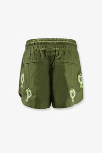 Farm rio women’s green heart tapestry embroidered olive green shorts with drawstring waistband made from lenzing ecovero euroflax